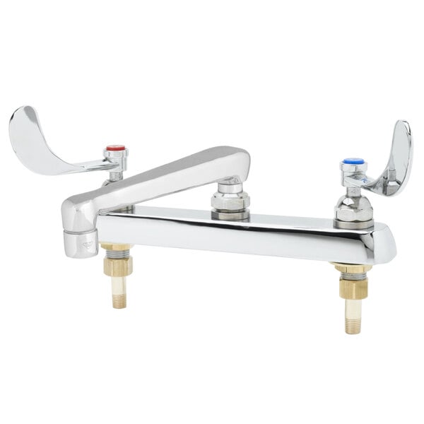 A T&S deck-mounted workboard faucet with 6" swivel cast spout and wrist handles.