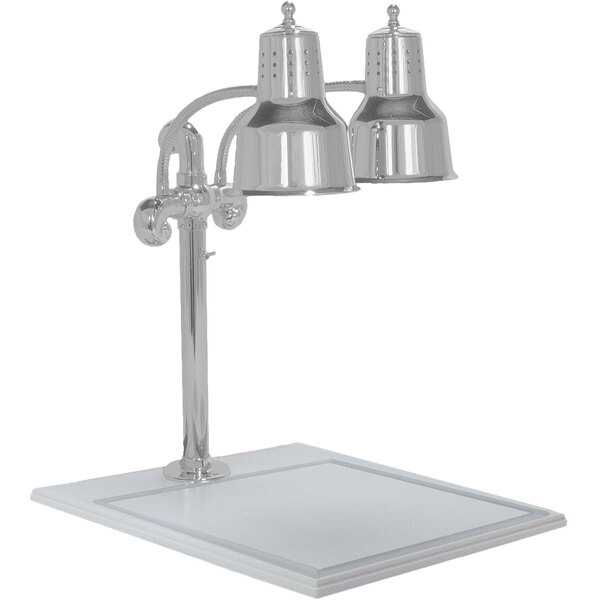 A white rectangular Hanson Heat Lamps carving station with a silver lamp on it.