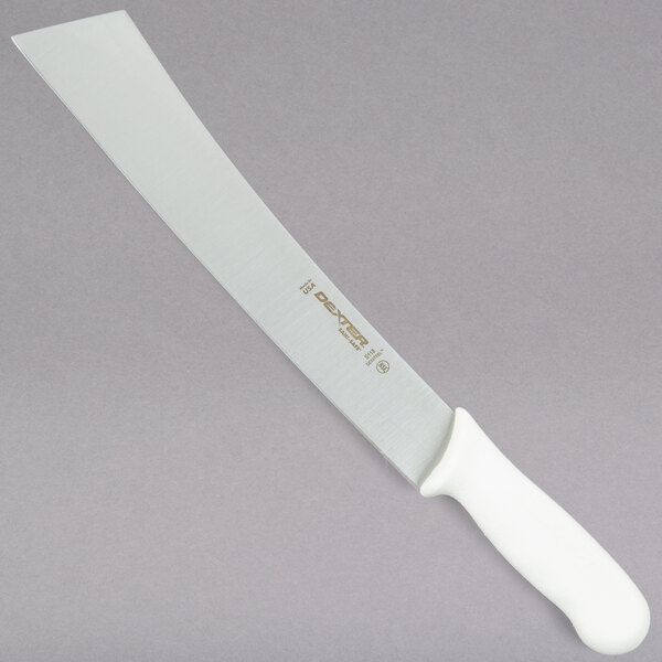 A Dexter-Russell cheese knife with a white handle.