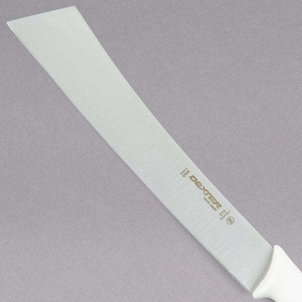 A Dexter-Russell cheese knife with a white handle.