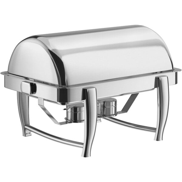 An Acopa stainless steel roll top chafer on a counter.