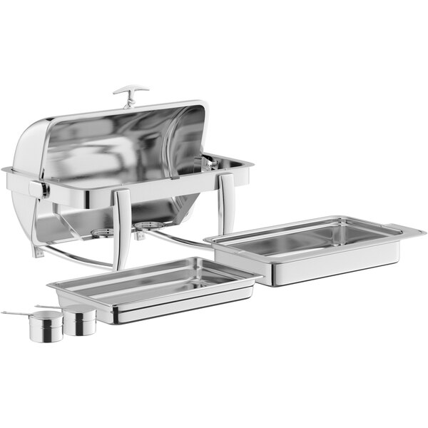 An Acopa stainless steel stackable roll top chafing dish on a counter.