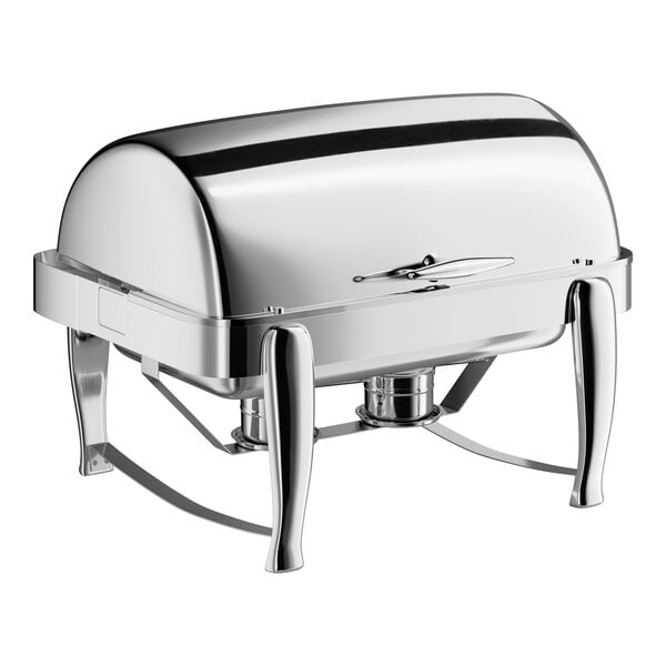 A shiny, stainless steel roll-top chafing dish with four sturdy legs and a domed lid.