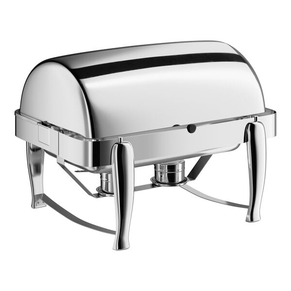 A shiny, stainless steel roll-top chafing dish with four curved legs and two fuel holders underneath.