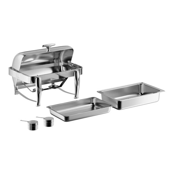 A stainless steel roll top chafer with two removable trays and two small round containers, all displayed separately.
