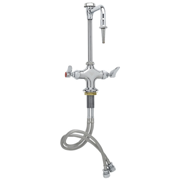 A silver T&S deck mounted laboratory faucet with hoses.
