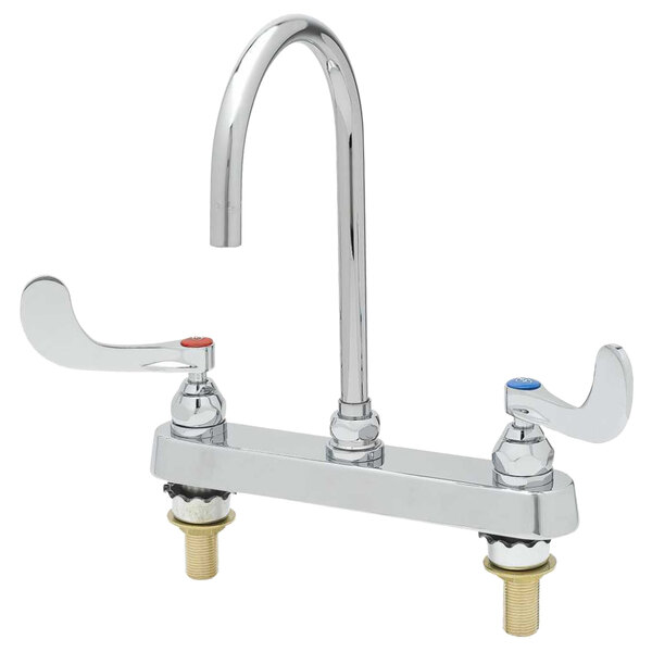 A chrome T&S deck-mounted workboard faucet with gooseneck spout and wrist handles.