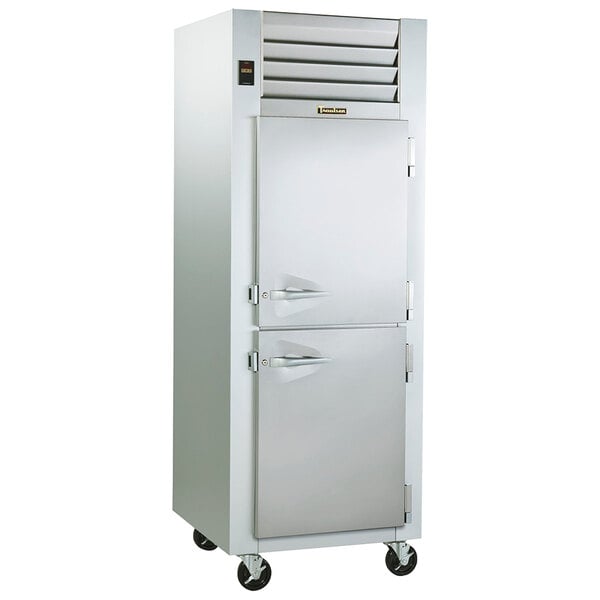 A Traulsen single section reach in refrigerator/freezer with a specification line.