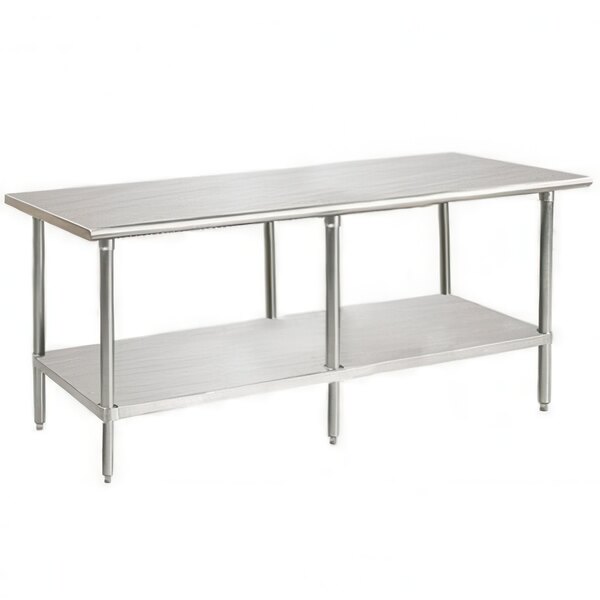 An Advance Tabco stainless steel work table with a galvanized undershelf.