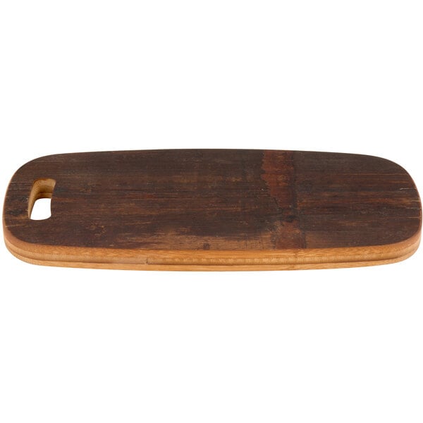 An American Metalcraft carbonized bamboo serving board with a handle.