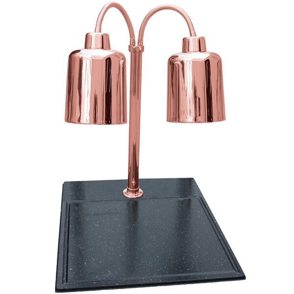 A Hanson Heat Lamps bright copper carving station with black synthetic granite base and two copper lamps.