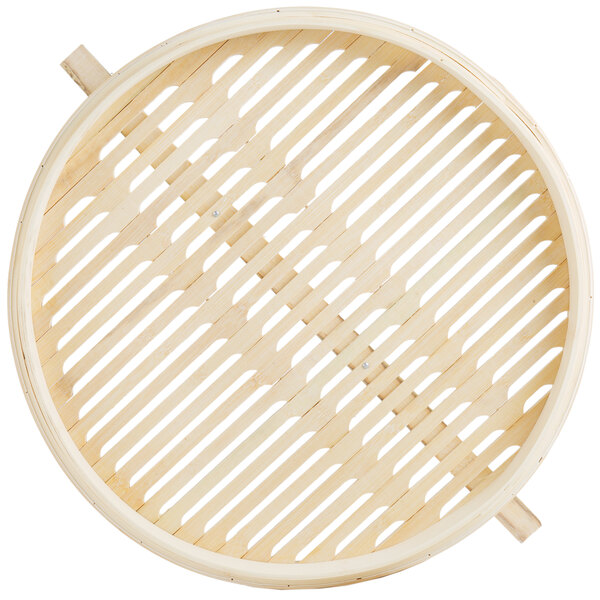 A round wooden Town bamboo steamer basket with handles.