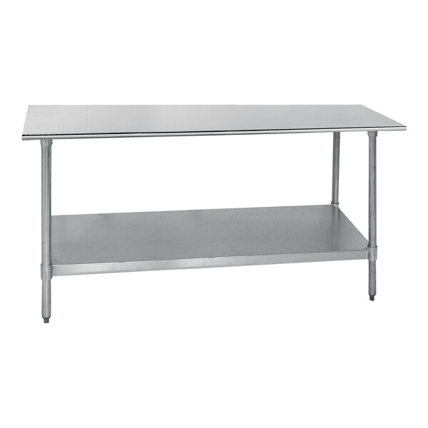 A stainless steel work table with an undershelf.