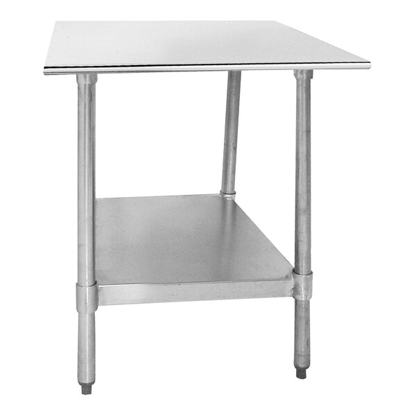 A stainless steel work table with an undershelf.