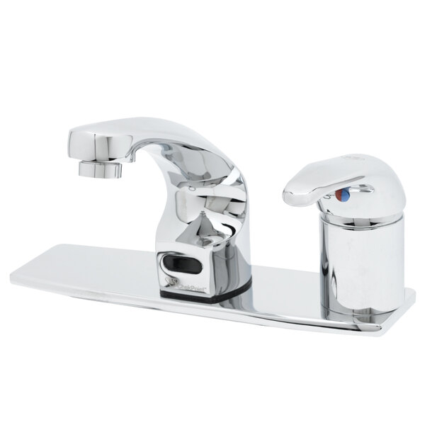 A T&S chrome hands-free sensor faucet with a single spout above a deck plate.