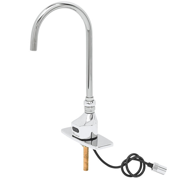 A chrome T&S ChekPoint hands-free sensor faucet with a gooseneck spout on a counter.