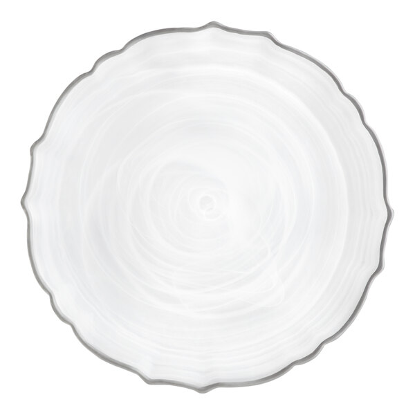 Charge It by Jay 13" Scalloped White Alabaster Glass Charger Plate with Silver Rim - 12/Pack