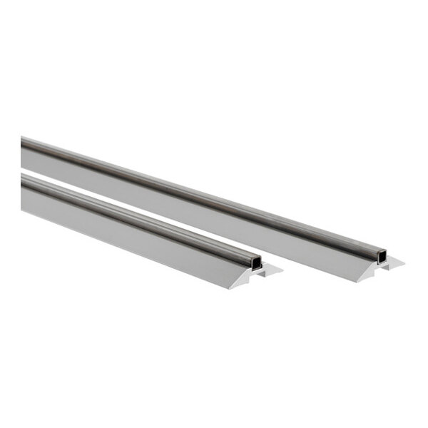 A pair of long, silver metal tracks designed for use with Metro qwikTRAK shelving systems.