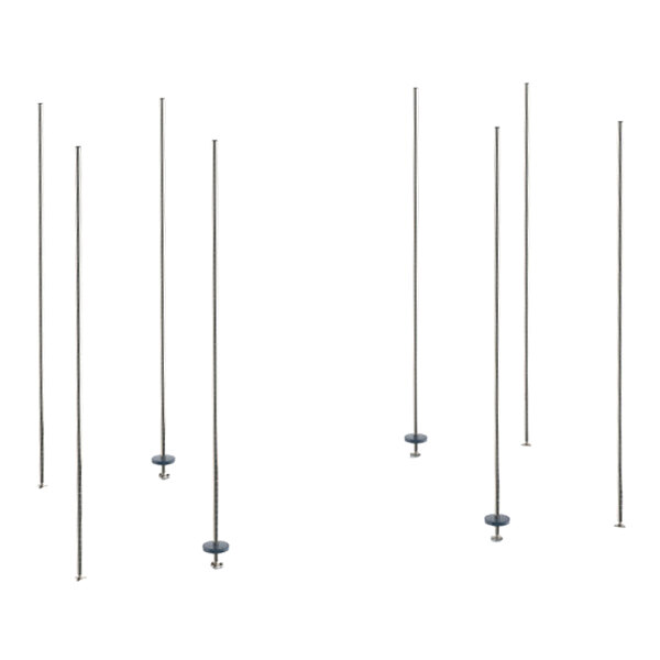 A set of stainless steel stationary end track units with vertical rods and round bases.