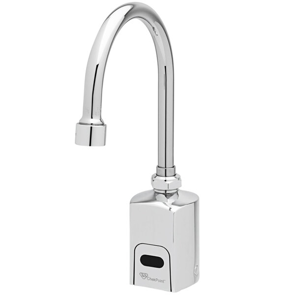 A close-up of a silver T&S hands-free sensor faucet with a gooseneck spout.