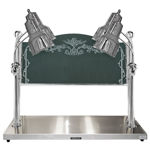 A Hanson Heat Lamps chrome carving station with heated metal bed and two lamps on it.