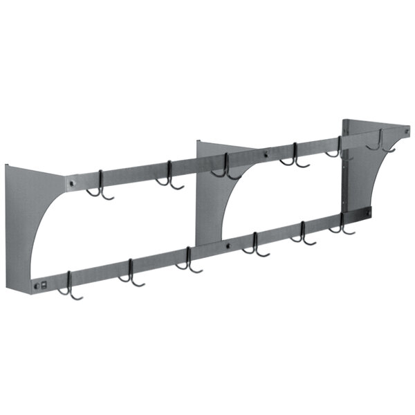 An Eagle Group aluminum wall mounted pot rack with double prong hooks.