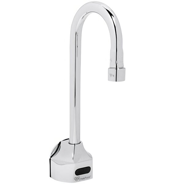 A T&S chrome wall-mounted electronic faucet with a long rigid gooseneck spout.