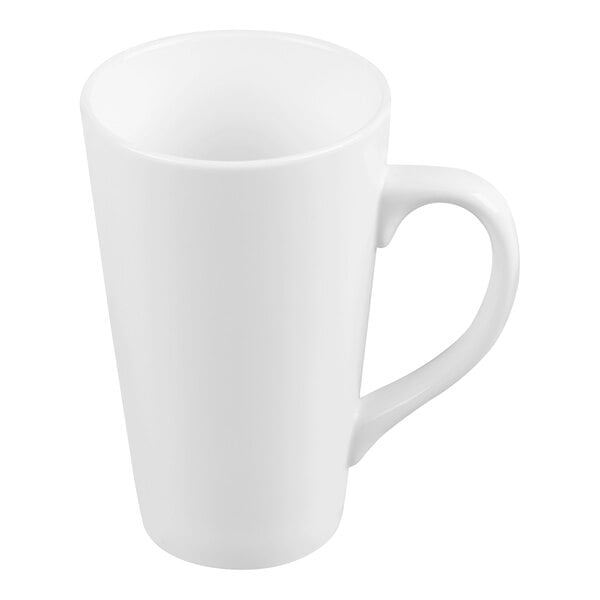 A tall, white porcelain bistro mug with a handle.