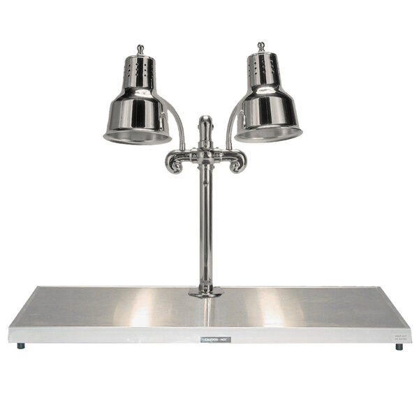A Hanson Heat Lamps stainless steel carving station with heated base and two lamps.