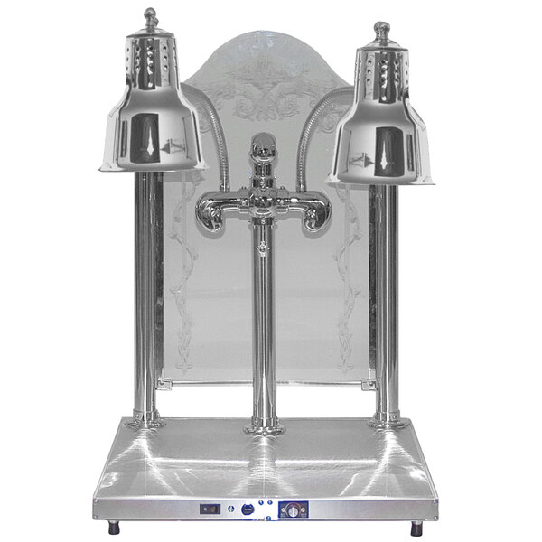 A Hanson Heat Lamps chrome carving station with two heated metal shelves and a sneeze guard.