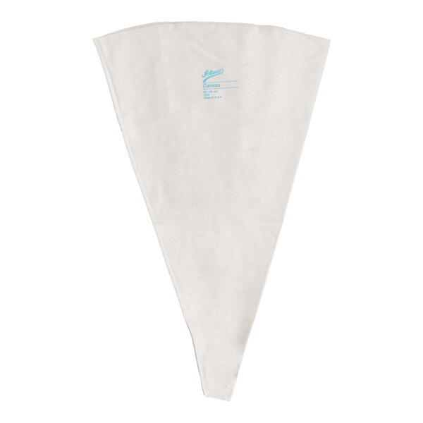 A large, white, triangular canvas pastry bag with a printed blue label near the top.