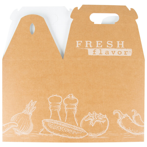 A brown Barn Take Out Lunch Box with white Fresh print.