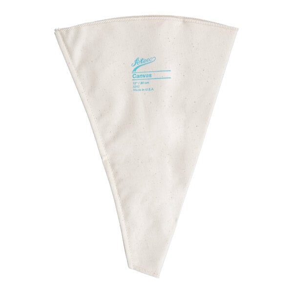 A triangular, off-white canvas pastry bag with blue printed text near the top.
