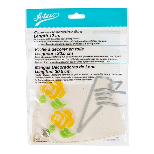 A packaged canvas decorating bag with yellow and green floral designs, labeled as 12 inches in length.
