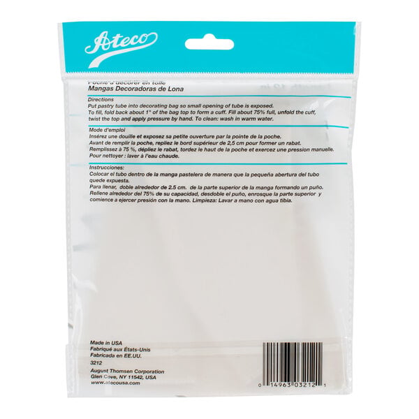 The image shows the back of a clear plastic package with blue and white labeling, containing instructions in English, French, and Spanish for using a pastry bag.