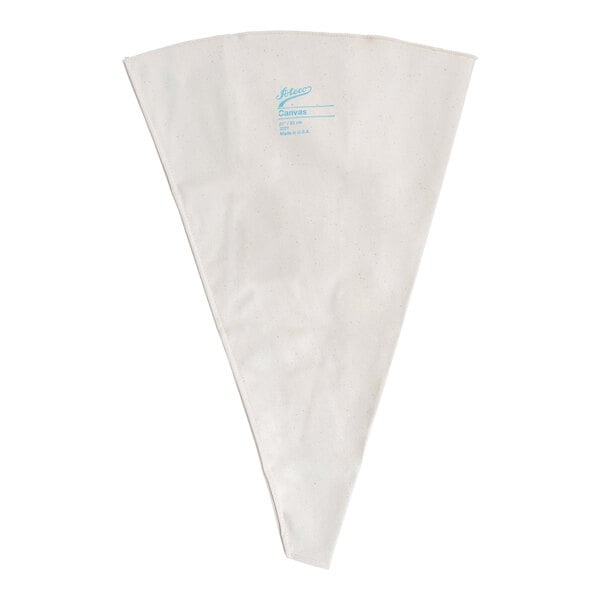 A large, white, triangular canvas pastry bag with blue text printed near the top.