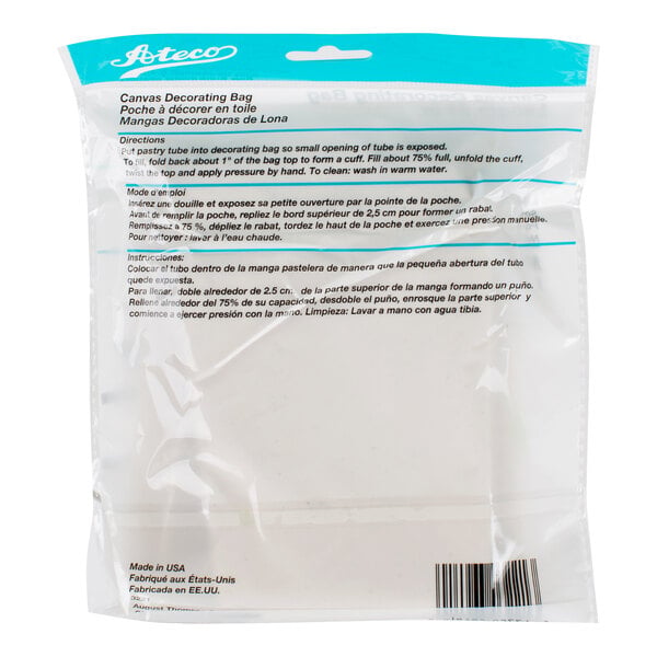 A clear plastic package with a blue and white label displaying instructions in multiple languages for a canvas decorating bag.