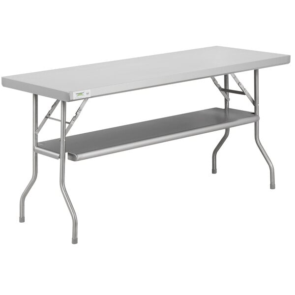 A gray rectangular Regency stainless steel folding work table with a shelf.