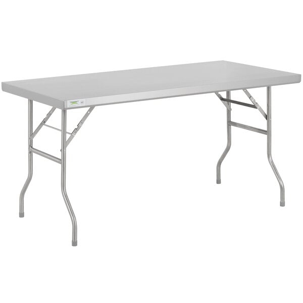 A rectangular stainless steel folding work table with a metal frame and legs.