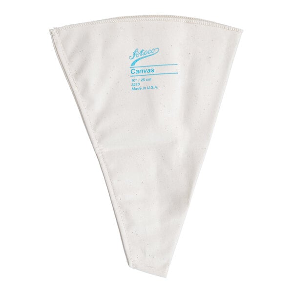 A white, triangular canvas pastry bag with blue printed text on the surface.
