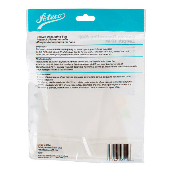 The image shows the back of a clear plastic package with a blue and white label, containing instructions for a canvas decorating bag in English, French, and Spanish.