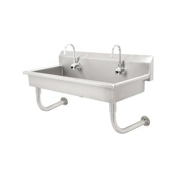 An Advance Tabco stainless steel multi-station hand sink with 5 electronic faucets.