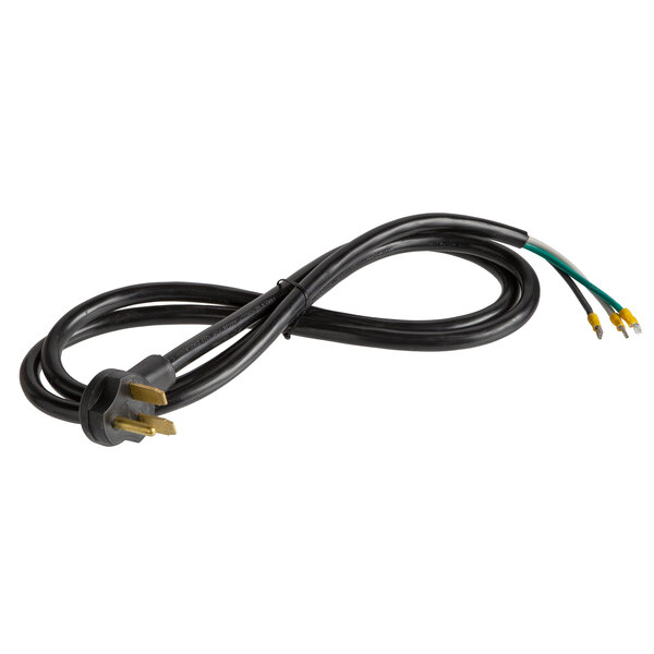 A black electrical cord with a plug.