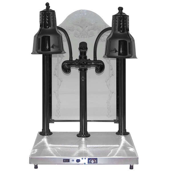 A black Hanson Heat Lamps carving station with two black bulbs on a silver surface.