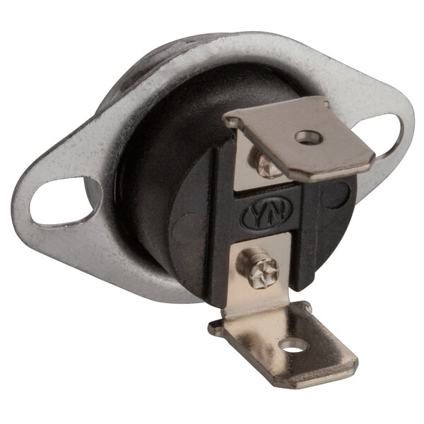 A close-up of a black and silver metal Cooking Performance Group temperature limit thermostat.