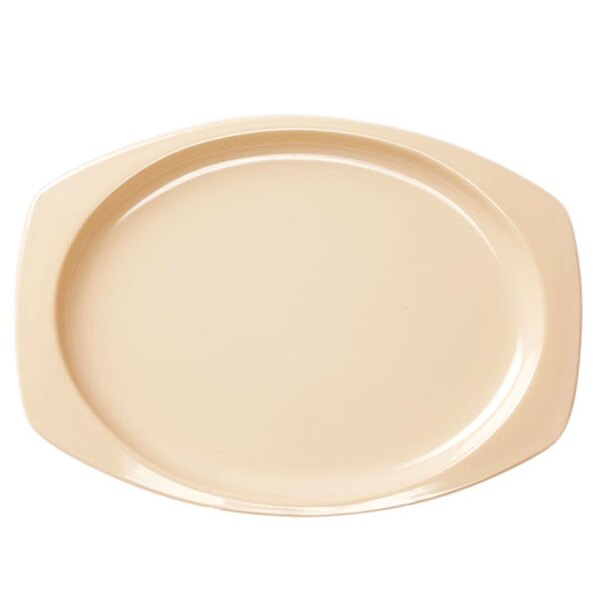 A tan rectangular melamine platter.