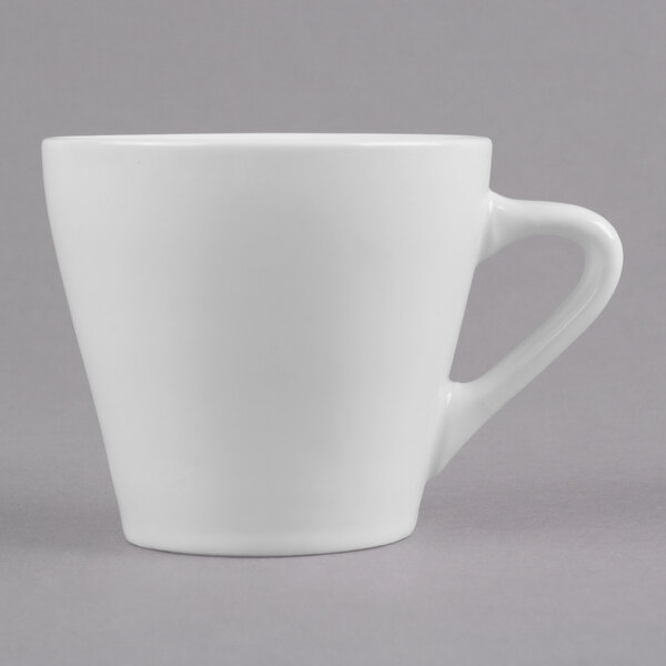 A Libbey ultra bright white porcelain espresso cup with a handle.