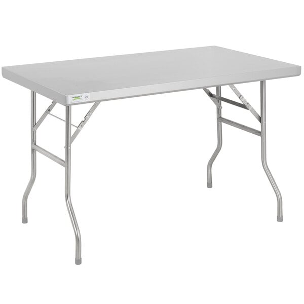 A rectangular stainless steel Regency folding work table with legs.
