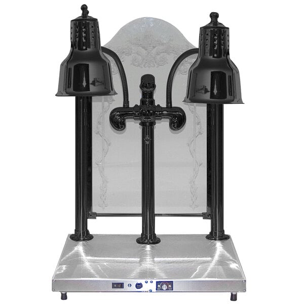 A black Hanson Heat Lamps dual bulb carving station with heated stainless steel base.