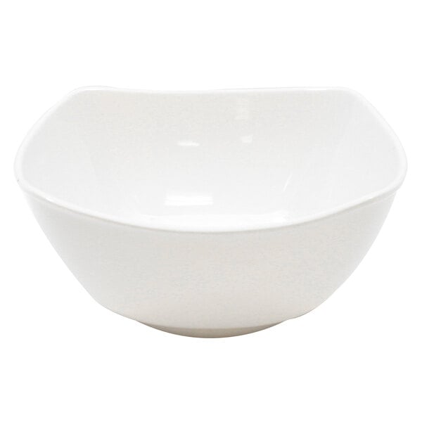 A white Tablecraft melamine bowl with a curved edge.